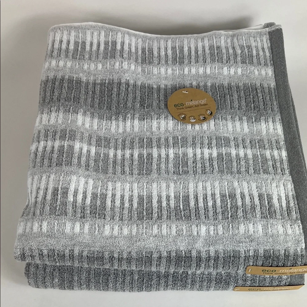 2 PC Eco Melange Bath Towels Gray & White Striped Soft Cotton Blend NEW